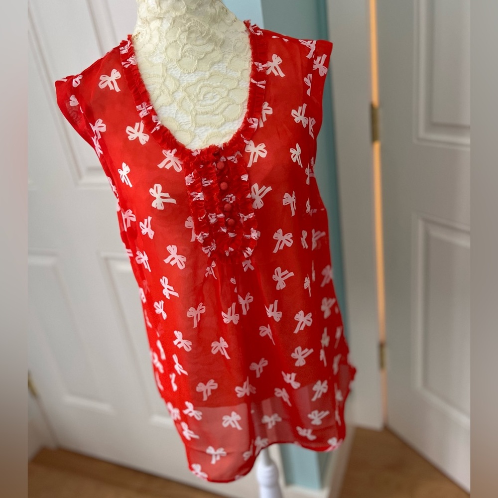 GAP sleeveless blouse, semi sheer, bright red with white bow print